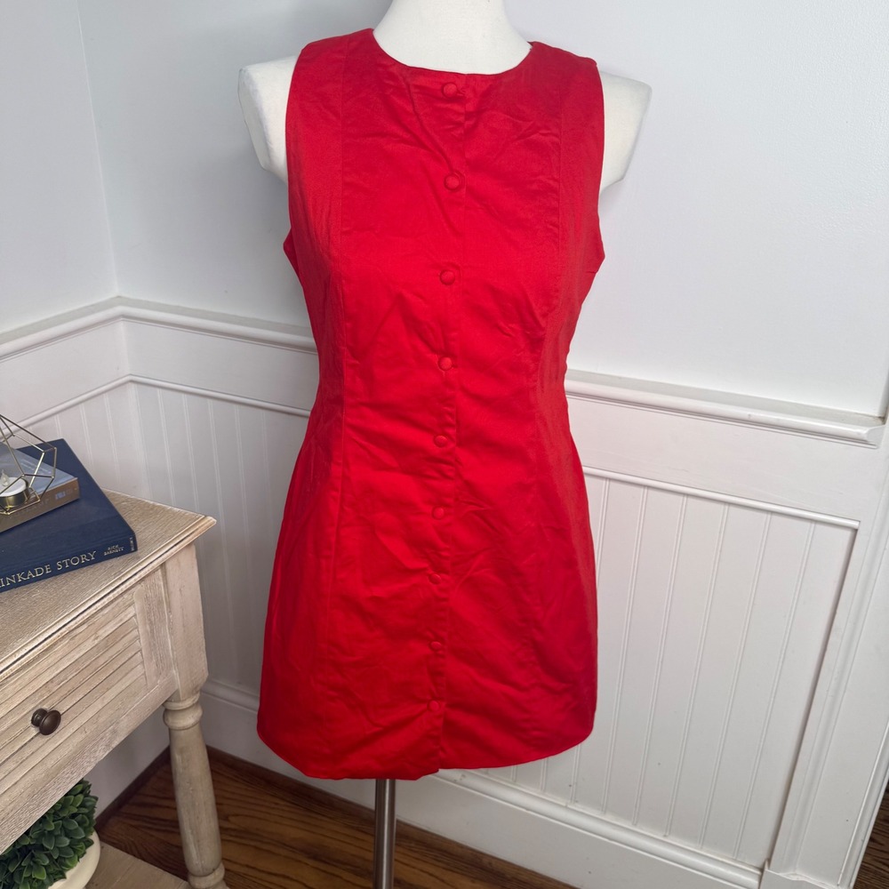 Commense Red Button Front Sleeveless Mini Dress Women Size Medium Cotton Stretch